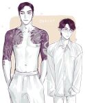  2boys arm_tattoo averting_eyes bite_mark bite_mark_on_thigh boyfriend's_shirt chest_tattoo closed_mouth collarbone commentary dress_shirt english_commentary hands_in_pockets height_difference hickey highres karaoke_iko! looking_to_the_side male_focus multiple_boys narita_kyouji navel nipples oka_satomi pants pectorals pubic_hair pubic_hair_peek shirt short_hair standing straight-on sweatpants tattoo vreitt yaoi 