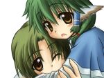  2000s_(style) 2girls animal_ears aruruu blue_capelet brown_eyes capelet commentary_request dog_ears dog_girl elehime eruruu green_hair hair_tubes hug looking_at_viewer multiple_girls open_mouth short_hair siblings simple_background sisters upper_body utawarerumono:_chiriyuku_mono_e_no_komoriuta utawarerumono_(series) white_background yellow_eyes 