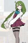  1girl ahoge aqua_bow aqua_bowtie black_eyes blue_eyes bow bowtie braid brown_dress collared_shirt commentary_request dress dress_shirt feet_out_of_frame green_hair grey_pantyhose halter_dress halterneck kantai_collection kuroihi_(kuroihitsuji) one-hour_drawing_challenge pantyhose shirt single_braid solo thigh_strap tongue tongue_out white_shirt yuugumo_(kancolle) 