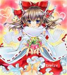  at_classics blue_eyes blush bow box brown_hair detached_sleeves gift hair_bow hair_tubes hakurei_reimu heart heart-shaped_box long_hair marker_(medium) panties ribbon sample scarf skirt smile solo touhou traditional_media underwear valentine 