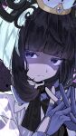  1girl black_hair black_ribbon blunt_bangs closed_mouth commentary frown gloves glowing glowing_eyes gwynn_(pokemon) hat highres kanro_149 neck_ribbon own_hands_together partially_fingerless_gloves pokemon pokemon_legends:_z-a ribbon sidelocks solo upper_body 