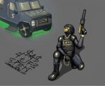 anthro armor canid canine car chain clock eyewear fur gold_(metal) gold_chain gold_jewelry gun headgear helmet humor jewelry knee_pads mac-10 male mammal michanicks neon_lights ranged_weapon silencer sketch solo submachine_gun sunglasses swag swat vehicle watch weapon yellow_body yellow_fur