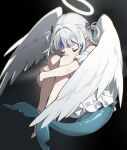  1girl absurdres angel angel_wings black_background blue_streaks closed_eyes commentary_request dress feathered_wings fins fish_tail full_body gawr_gura hair_intakes hair_ornament halo hatsutahaku highres hololive hololive_english hugging_own_legs knees multicolored_hair shark_hair_ornament shark_tail sidelocks simple_background solo streaked_hair tail traditional_halo virtual_youtuber white_dress white_hair white_wings wings 
