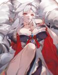  1girl absurdres animal_ear_fluff animal_ears black_dress breasts chest_tattoo cleavage commentary_request dress fingernails forehead_tattoo fox_ears fox_girl fox_tail hair_ornament hand_up highres hsin_(wuthering_waves) large_breasts long_fingernails long_hair looking_at_viewer lying nail_polish on_back parted_lips red_nails smile solo tail tattoo toriumu white_hair wuthering_waves 