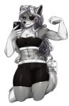 abdominal_scar abs absurd_res after_exercise alpha_channel anthro athletic athletic_female athletic_wear breasts canid canine canis cellphone cleavage clothed clothing countershade_arms countershade_face countershade_neck countershade_tail countershading drsheldon1001 electronics eye_patch eyewear facial_scar female fingers flexing front_view hair hi_res long_hair mammal muscular muscular_anthro muscular_female navel partially_blind phone scar selfie smartphone solo tail valkyrie_graywind_(redwolfgtr) white_hair wolf