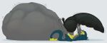 absurd_res animal_genitalia animal_penis anthro balls big_balls big_penis black_penis brom_(sahurus) claws cock_vore erection fangs fur genitals green_body green_fur grey_body grey_fur hi_res holding_penis huge_balls huge_penis hyper hyper_balls hyper_genitalia hyper_penis knot lying male male_pred on_back penile penis red_eyes rmcreeps sergal solo tail tail_tuft teeth tuft vore worried yellow_body yellow_fur