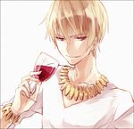  alcohol blonde_hair bracelet casual cup drinking_glass fate/zero fate_(series) gilgamesh himishiro jewelry male_focus necklace red_eyes solo v-neck white_background wine wine_glass 