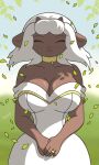 accessory anthro anuvisur_(artist) big_breasts bovid breasts brown_body caprine clothing collar detailed_background digit_ring dress eyes_closed female fur generation_8_pokemon hair happy hi_res horn jewelry leaf looking_at_viewer mammal meadow nintendo outside pink_nose pokemon pokemon_(species) ring sheep short_hair solo wedding wedding_dress wedding_ring wind wool_(fur) wool_hair wooloo
