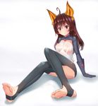  ahoge alcohol_(coldfront) animal_ears bad_id bad_pixiv_id barefoot brown_hair cat_ears elin_(tera) feet foreshortening full_body gloves heart highres long_hair purple_eyes see-through shrug_(clothing) soles solo tera_online toeless_legwear toes transparent trencker white_background 