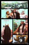 5_fingers abs anthro armor assisted_exposure big_horn big_muscles big_pecs black_body black_fur black_nose bottomwear bovid brown_body brown_fur brown_hair brown_mane canid canine canis caprine cellphone clothed clothed_anthro clothed_male clothing comic dialogue dreadlocks electronics emoc english_text ethiopian_wolf felid fingers fur group hair hi_res horn humanoid_hands jewelry lion loincloth male mammal mane melee_weapon menelik mouflon muscular muscular_anthro muscular_male navel necklace nexus nipples outside page_number pantherine pauldron pecs phone phone_call pink_body pink_skin polearm sheep shirt smartphone spear speech_bubble suid suine suit sus_(pig) tan_body tan_fur text topwear undressing undressing_another weapon wild_boar wild_sheep