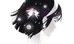  2girls alien_stage artist_name black_hair bob_cut closed_eyes commentary earrings glasses hair_between_eyes headband highres jewelry kayveris long_hair mizi_(alien_stage) moon multiple_girls pink_hair saturn_(planet) shooting_star short_hair simple_background sphere_earrings star_(symbol) sua_(alien_stage) thick_eyebrows white_background white_headband 