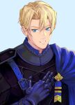  1boy arm_up belt belt_buckle black_shirt blonde_hair blue_background blue_belt blue_cape blue_eyes buckle cape chest_belt commentary curtained_hair dimitri_alexandre_blaiddyd english_commentary fire_emblem fire_emblem:_three_houses garreg_mach_monastery_uniform gauntlets hair_between_eyes hand_on_own_chest highres male_focus parted_hair parted_lips school_uniform shirt short_hair side_cape simple_background smile solo upper_body very_short_hair yolie 