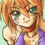  1girl 2000s_(style) animal_ears breath_of_fire breath_of_fire_ii cat_ears choker closed_mouth commentary_request elehime facial_mark green_background green_eyes hair_between_eyes katt_(breath_of_fire) looking_at_viewer orange_hair red_choker short_hair smile solo upper_body whisker_markings 
