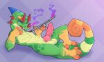 anthro balls blue_eyes chameleon curled_tail decodecker erection facial_horn genitals green_body green_scales hi_res horn knot knotted_penis lizard looking_at_viewer lying male nevos nose_horn nude_male on_back penis pinup pose pupils red_horn reptile scales scalie slit_pupils solo tail