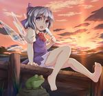  bad_feet bare_legs barefoot blue_eyes blue_hair bow cirno crost dock eating feet food frog hair_bow ice ice_wings open_mouth outdoors popsicle short_hair sitting solo sunset touhou wings 