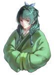  1girl absurdres beads blue_eyes blue_ribbon chinese_clothes closed_mouth commentary cropped_torso freckles green_hair green_shirt hair_beads hair_ornament hair_over_shoulder hair_ribbon hapiioii highres kusuriya_no_hitorigoto light_blush long_hair looking_at_viewer maomao_(kusuriya_no_hitorigoto) own_hands_together ribbon shirt smile solo upper_body white_background 