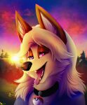 absurd_res anthro arcanine collar female flare_melune fluffy forest_background generation_1_pokemon headshot_portrait hi_res huge_filesize lens_flare moxifoxi nintendo open_mouth pointy_ears pokeball pokeball_collar pokemon pokemon_(species) portrait prick_ears purple_eyes sky solo star starry_sky sunset