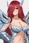  1girl armor artist_name bikini_armor breasts cleavage closed_mouth collarbone commentary english_commentary erza_scarlet fairy_tail hair_over_one_eye highres large_breasts long_hair looking_at_viewer midriff moonstosky navel official_alternate_costume red_hair solo 