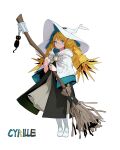  1girl animal_charm belt_buckle black_cloak blonde_hair blue_eyes blush boots broom buckle capelet cat_charm character_name charm_(object) cloak closed_mouth commentary concept_art cyrille_(halcyon_zero) dongho_kang dress drill_hair english_commentary full_body halcyon_zero hat highres holding holding_broom hood hooded_capelet knee_boots looking_at_viewer official_art simple_background smile solo standing twin_drills white_background white_boots white_capelet white_dress white_hat witch_hat 