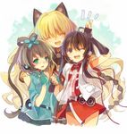  animal_ears black_hair braid brown_eyes brown_hair cat_ears closed_eyes fingerless_gloves gloves green_eyes headset long_hair luo_tianyi multiple_girls one_eye_closed seeu vocaloid vocanese yayin_(yayin233) yuezheng_ling 