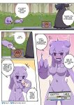 absurd_res black_clothing black_dress blush bottle box breasts clothing comic container dialogue ditto_(pokemon) dress duo english_text featureless_breasts featureless_crotch generation_1_pokemon goo_creature goo_humanoid growth hex_maniac hi_res human humanoid imminent_transformation layruwu mammal medium_breasts milk milk_bottle milk_container monotone_body moomoo_milk navel nintendo not_furry open_mouth plant pokemon pokemon_(species) pokemorph purple_body shrub solo_focus standing stealing text transformation_through_drink transformation_through_food transformation_through_milk