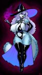 anthro big_breasts biped blazbaros blue_body breasts clothed clothing felid female front_view fur hair hand_on_hip hat headgear headwear heart_symbol hi_res latex latex_clothing legwear mammal markings pantherine purple_hair snow_leopard solo spots spotted_body spotted_fur thick_thighs thigh_highs witch_hat