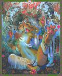 anthro barefoot blue_eyes bodily_fluids border bulge claws clothed clothing detailed detailed_background digitigrade dripping ear_piercing ear_ring eyes_closed fangs feet felid feline femboy flower fur hair hi_res jewelry lion looking_at_viewer male mammal moonshen mostly_nude mudra multi_face navel nipples open_mouth orange_body pantherine pawpads piercing plant psychedelic raised_leg ring_piercing saliva saliva_drip sitting skimpy solo teeth toe_claws toes tongue tongue_out topless underwear white_hair