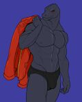 4:5 abs anthro black_body black_clothing black_scales black_underwear bottomwear bulge claws clothing epic_games fortnite half-length_portrait hi_res holding_clothing holding_object jacket komodo_dragon leo-arts lizard male monitor_lizard muscular muscular_anthro portrait pose red_clothing red_eyes red_jacket red_topwear reptile scales scalie solo standing thunder_(fortnite) tight_bottomwear tight_clothing tight_underwear topwear underwear