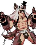 abs absurd_res anthro artist_name bedsheet_ghost bulge canid canine cartoon_eyes chain chain_necklace clothing cuff_(restraint) eyewear fredwork_draws ghost ghostie_(ghost-kun) handcuffs hat headgear headwear hi_res humanoid jewelry jockstrap male mammal mask metal_cuffs monocle neck_tuft necklace nipples pawpads restraints simple_background solo spirit straps teeth text tongue tongue_out top_hat tuft underwear wearing_mask white_background