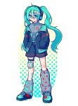  1girl aqua_hair bandaid bandaid_on_cheek bandaid_on_face bandaid_on_knee bandaid_on_leg bandaid_on_nose black_jacket black_shorts commentary_request dong_o0 full_body grey_shirt grey_socks hands_in_pockets hatsune_miku headset highres jacket korean_commentary looking_at_viewer shirt shoes shorts single_loose_sock sleeveless sleeveless_shirt smile sneakers socks solo standing twintails vocaloid 