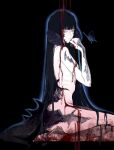  1girl au_ra black_background black_horns black_scales black_tail blood blood_in_hair blood_on_arm blood_on_body blood_on_feet blood_on_hand blood_on_leg blood_stain blue_eyes blunt_bangs bug butterfly commentary completely_nude final_fantasy final_fantasy_xiv from_side hand_up highres horns long_hair looking_at_viewer no_pupils nude original sitting skinny solo straight_hair untranslatable_commentary very_long_hair wariza warrior_of_light_(ff14) windupkaibyo 