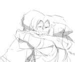  2boys anpolly cloak coat commentary_request facing_another greyscale hand_on_another's_head hug long_hair male_focus medic_(sekaiju_4) medic_3_(sekaiju_4) monochrome multiple_boys night_seeker_(sekaiju) night_seeker_1_(sekaiju) profile sekaiju_no_meikyuu sekaiju_no_meikyuu_4 short_hair simple_background sketch smile solo upper_body white_background yaoi 