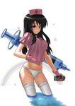  bad_id bad_pixiv_id black_hair brown_eyes gloves hat iq2000lb large_syringe long_hair no_pants nurse nurse_cap original oversized_object panties petals rainbow solo syringe thighhighs underwear wading water 