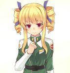  belt blonde_hair blush drill_hair gundam hair_ribbon long_hair military military_uniform operator_type_f pink_eyes purple_eyes ribbon saemon_(tonpura) sd_gundam sd_gundam_online simple_background smile solo twin_drills twintails uniform 