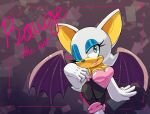 abstract_background anthro armor back_wings bat bat_wings big_ears black_bodysuit black_clothing black_skinsuit blowing_kiss blue_eyes blue_eyeshadow bodysuit breastplate breasts character_name cleavage clothed clothing countershade_snout countershading eyelashes eyeshadow female gloves handwear heart_symbol hi_res lipstick looking_at_viewer makeup mammal membrane_(anatomy) membranous_wings one_eye_closed pink_lipstick pointy_ears prick_ears purple_wings rouge_the_bat sega skinsuit snout solo sonic_the_hedgehog_(series) spread_wings syntheticghost tan_body tan_snout text tight_clothing white_clothing white_gloves white_handwear white_head wings wink winking_at_viewer