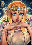  1girl :d absurdres anniversary artist_logo artist_name bare_shoulders blonde_hair blue_eyes bracelet breasts commission earrings english_commentary eyelashes gold_bracelet gold_tiara grin highres jewelry large_breasts link lipstick logo long_hair makeup nail_polish own_hands_clasped own_hands_together pointy_ears princess_zelda purple_nails red_lips sakroz21 smile solo teeth the_legend_of_zelda triangle_earrings triforce upper_body 