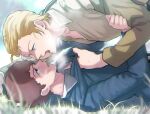  2boys absurdres amuro_ray angry blonde_hair blue_eyes blue_jacket blurry blurry_background brown_hair char's_counterattack char_aznable clothes_pull commentary_request curly_hair dress_shirt eye_contact from_side grass gundam hand_on_another's_arm highres jacket jacket_pull looking_at_another lower_teeth_only multiple_boys nervous_sweating oh_syz on_person open_collar open_mouth partially_unbuttoned pulling_another's_clothes shirt short_hair straight_hair sweat sweatdrop teeth tongue upper_teeth_only white_shirt 