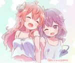  2girls :d ;d camisole commentary_request curled_horns demon_girl demon_horns demon_tail highres horns icorasama long_hair machikado_mazoku multiple_girls one_eye_closed open_mouth purple_eyes purple_hair red_hair siblings sisters smile tail twitter_username white_camisole yoshida_ryouko yoshida_yuuko 