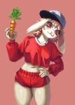 absurd_res anthro bottomwear carrot clothing female food hair hand_on_hip hat headgear headwear hi_res holding_object lagomorph leporid looking_at_viewer mammal midriff navel not-hashi plant rabbit shorts solo vegetable