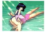  2girls bishoujo_senshi_sailor_moon bishoujo_senshi_sailor_moon_s black_hair bob_cut chibi_usa multiple_girls pink_hair sailor_chibi_moon sailor_chibimoon sailor_saturn smile swimsuit tomoe_hotaru water 