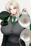  1girl absurdres black_cloak black_skirt blonde_hair bra breasts cardigan cloak collared_shirt commentary_request earrings english_text genderswap genderswap_(mtf) green_eyes green_necktie grey_background grey_cardigan grin harry_potter_(series) harutoyumaarts highres hogwarts_school_uniform holding holding_bra holding_underwear holding_unworn_clothes hoop_earrings huge_breasts jewelry long_hair long_sleeves looking_at_viewer malfoid necktie parted_bangs pleated_skirt school_uniform shirt sidelocks skirt smile speech_bubble underwear white_bra white_shirt wizarding_world 