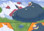 2024 absurd_res anthro belly big_belly blue_sky comic duo feral fur generation_3_pokemon grass hi_res huge_belly hyper nintendo obese obese_anthro outside overweight overweight_anthro plant pokemon pokemon_(species) seviper shweetmagnet sitting sky white_body white_fur zangoose