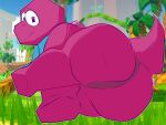 2026 4:3 accessory ambiguous_gender anthro big_butt biped butt coccui dinosaur dinosaur_tail gameoverse glitch_productions gobbles_(gameoverse) green_hill_zone hi_res male_(lore) necktie outside prehistoric_species purple_body reptile scalie sega slightly_chubby solo sonic_the_hedgehog_(series) tail worried