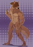 absurd_res anthro brown_body brown_fur canid canine canis domestic_dog flaccid fur genitals hair hair_over_eye hi_res loboloko male mammal penis pubes relaxing solo wolf