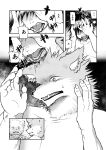 2014 5_panel_comic absurd_res anthro canid canine claws clothed clothing comic dark_hair fur hand_on_face hatake hi_res human japanese_text looking_at_mirror looking_at_object male mammal mirror moan monochrome mythological_canine mythological_creature mythology onomatopoeia pain sharp_teeth snout solo sound_effects talking_to_self teeth text topless transformation transformation_sequence werecanid werecanine werecreature werewolf