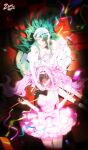  2girls absurdres alien_stage bandana bow closed_eyes dress elbow_gloves gloves green_hair hair_between_eyes highres long_hair mafuyucamelia92 mizi_(alien_stage) mizi_(zombie_stage) multiple_girls off-shoulder_dress off_shoulder open_mouth pink_bow pink_dress pink_hair smile sua_(alien_stage) sua_(zombie_stage) twintails white_bandana white_dress white_gloves zombie_stage 