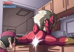 absurd_res anthro anthrofied beak big_butt blaziken butt censored dialogue digital_media_(artwork) duo english_text eyelashes feathers female female_anthro flexible generation_3_pokemon glistening_eyelids hi_res human long_eyelashes looking_back male mammal master motion_lines nintendo othoxon pokemon pokemon_(species) pokemon_trainer red_body red_feathers splits spread_legs spreading tail tail_feathers text