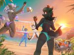 ambiguous_gender anthro arm_tuft baseball_(sport) beach beachwear big_breasts breasts canid canine chair clothing cloud dark_hair elbow_tuft felid feline female furniture group hair jumping ladnelsiya looking_at_another lounge_chair male mammal midair reading shoulder_tuft species_request sport sunset swimsuit_only swimwear tail tuft two-piece_swimsuit water white_hair wide_hips