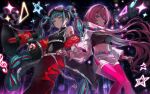  2girls 39 absurdly_long_hair aqua_eyes aqua_hair arm_tattoo baggy_pants belt black_leotard black_shoes blue_eyes blunt_bangs boots braid breasts chain chain_necklace closed_mouth clothing_cutout commentary crop_top english_commentary goggles goggles_on_head grin hand_on_own_hip hatsune_miku high_collar high_heel_boots high_heels highres holding holding_megaphone jacket jewelry leotard long_hair long_sleeves looking_at_viewer magical_mirai_(vocaloid) magical_mirai_luka magical_mirai_luka_(2023) magical_mirai_miku magical_mirai_miku_(2023) medium_breasts megaphone megurine_luka midriff miniskirt multiple_girls naturally_detached_hair navel navel_cutout necklace number_tattoo official_alternate_costume official_alternate_hairstyle pants pink_hair ramika_(ramika0606) red_hair red_jacket red_nails ring_hair_ornament shoes shrug_(clothing) skirt smile solo sparkle tattoo thighhighs twin_braids twintails very_long_hair vocaloid 