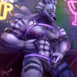 abs absurd_res anthro bandai_namco barazoku canid canine canis clothing digimon digimon_(species) ear_piercing fur harness hi_res jockstrap jockstrap_bulge leash leash_pull looking_at_viewer male mammal muscular muscular_anthro muscular_male mythological_canine mythological_creature mythology nipples pecs piercing solo stiching stymieg101 underwear werecanid werecanine werecreature weregarurumon werewolf wolf yellow_eyes